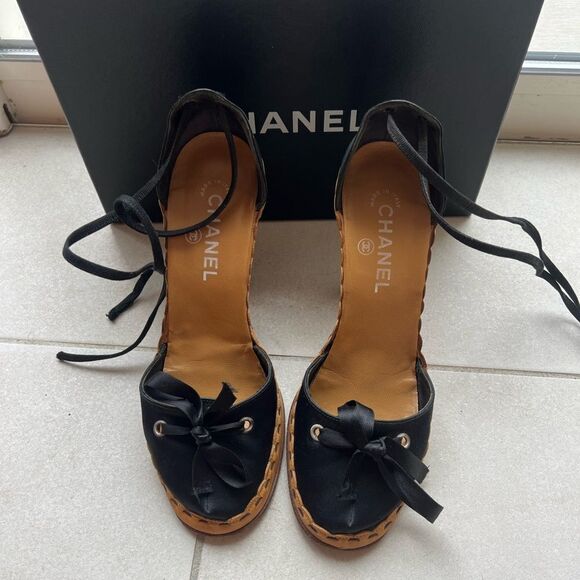 CHANEL Black Satin D'Orsay Sandals Interlocking Pearl CC Logo Lace Up 38 - Picture 2 of 14